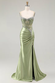 Green Mermaid Corset Ruched Satin Prom Dress with Slit