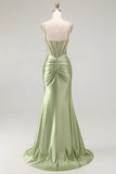 Green Mermaid Spaghetti Straps Corset Satin Ruched Long Prom Dress with Slit
