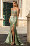 Green Mermaid Spaghetti Straps Corset Satin Ruched Long Prom Dress with Slit