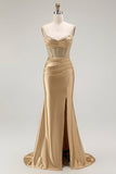 Red Mermaid Spaghetti Straps Corset Pleated Long Prom Dress with Slit