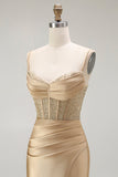 Red Mermaid Spaghetti Straps Corset Pleated Long Prom Dress with Slit