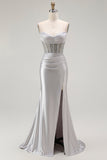 Red Mermaid Spaghetti Straps Corset Pleated Long Prom Dress with Slit