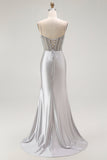 Golden Mermaid Spaghetti Straps Corset Pleated Long Prom Dress with Slit