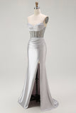 Golden Mermaid Spaghetti Straps Corset Pleated Long Prom Dress with Slit