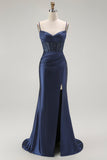 Red Mermaid Spaghetti Straps Corset Pleated Long Prom Dress with Slit