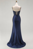Red Mermaid Spaghetti Straps Corset Pleated Long Prom Dress with Slit