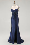 Golden Mermaid Spaghetti Straps Corset Pleated Long Prom Dress with Slit