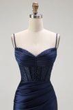Golden Mermaid Spaghetti Straps Corset Pleated Long Prom Dress with Slit