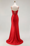 Red Mermaid Spaghetti Straps Corset Pleated Long Prom Dress with Slit