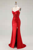 Red Mermaid Spaghetti Straps Corset Pleated Long Prom Dress with Slit