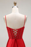 Red Mermaid Spaghetti Straps Corset Pleated Long Prom Dress with Slit