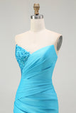 Sparkly Blue Strapless Mermaid Pleated Long Prom Dress with Slit