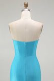 Sparkly Blue Strapless Mermaid Pleated Long Prom Dress with Slit