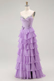 Purple A-Line Beaded Corset Tiered Ruffle Long Prom Dress with Lace Up Back