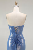 Mermaid Corset Sequins Sweetheart Beaded Blue Prom Dress With Slit