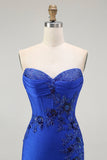 Royal Blue Mermaid Strapless Lace Up Back Beaded Long Prom Dress with Slit