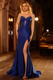 Royal Blue Mermaid Beaded Strapless Corset Long Prom Dress with Slit