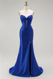 Royal Blue Mermaid Beaded Strapless Corset Long Prom Dress with Slit