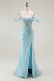 Blue Mermaid Off The Shoulder Beaded Long Prom Dress with Slit