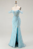 Blue Mermaid Off The Shoulder Beaded Long Prom Dress with Slit