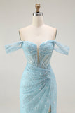 Blue Mermaid Off The Shoulder Beaded Long Prom Dress with Slit