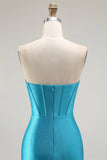 Mermaid Strapless Corset Beaded Blue Prom Dress with Ruffle Slit