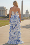 White Blue Floral Corset A Line Tiered Prom Dress