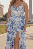 A Line White Blue Floral Basque Waist Corset Tiered Long Plus Size Prom Dress with Slit
