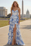 White Blue Floral Corset A Line Tiered Prom Dress