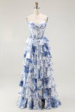 A Line White Blue Floral Basque Waist Corset Tiered Long Plus Size Prom Dress with Slit
