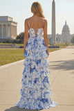 White Blue Floral Corset A Line Tiered Prom Dress