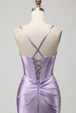 Purple Mermaid Corset Spaghetti Straps Beaded Long Prom Dress with Slit