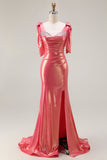 Metallic Coral Beaded Mermaid Ruched Long Prom Dress with Slit