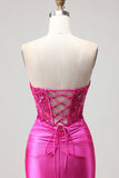 Fuchsia Mermaid Sweetheart Pleated Corset Sequin Long Prom Dress with Lace Up Back