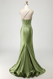 Green Mermaid One Shoulder Beaded Appliqued Corset Ruched Long Prom Dress with Slit