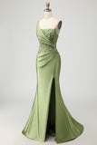 Green Mermaid One Shoulder Beaded Appliqued Corset Ruched Long Prom Dress with Slit
