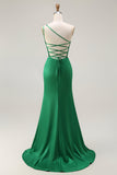 Dark Green One Shoulder Mermaid Beaded Long Prom Dress With Slit