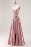 Sweetheart A Line Appliqued Grey Pink Long Prom Dress With Slit