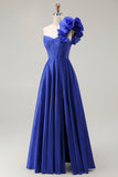 Royal Blue One Shoulder Corset A Line Satin Long Prom Dress with Slit