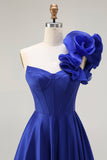 Royal Blue One Shoulder Corset A Line Satin Long Prom Dress with Slit