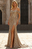 Sparkly Champagne Off the Shoulder Mermaid Sequins Long Prom Dress with Slit