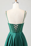 Dark Green A Line Beaded Corset Ruched Satin Long Prom Dress with Lace Up Back