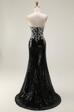 Sparkly Black Silver Mermaid Strapless Sequin Corset Strapless Long Prom Dress