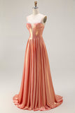 Metallic Orange A Line Corset Beaded Long Prom Dress with Lace Up Back