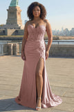 Sweetheart Blush Appliqued Corset Mermaid Beaded Long Prom Dress with Slit