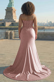 Sweetheart Blush Appliqued Corset Mermaid Beaded Long Prom Dress with Slit