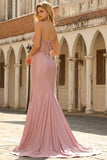 Sweetheart Blush Appliqued Corset Mermaid Beaded Long Prom Dress with Slit