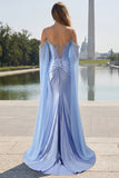 Blue Mermaid Cold Shoulder Beaded Convertible Corset Long Prom Dress with Cape Sleeves