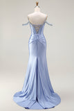 Blue Mermaid Cold Shoulder Beaded Convertible Corset Long Prom Dress with Cape Sleeves