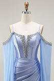 Blue Mermaid Cold Shoulder Beaded Convertible Corset Long Prom Dress with Cape Sleeves